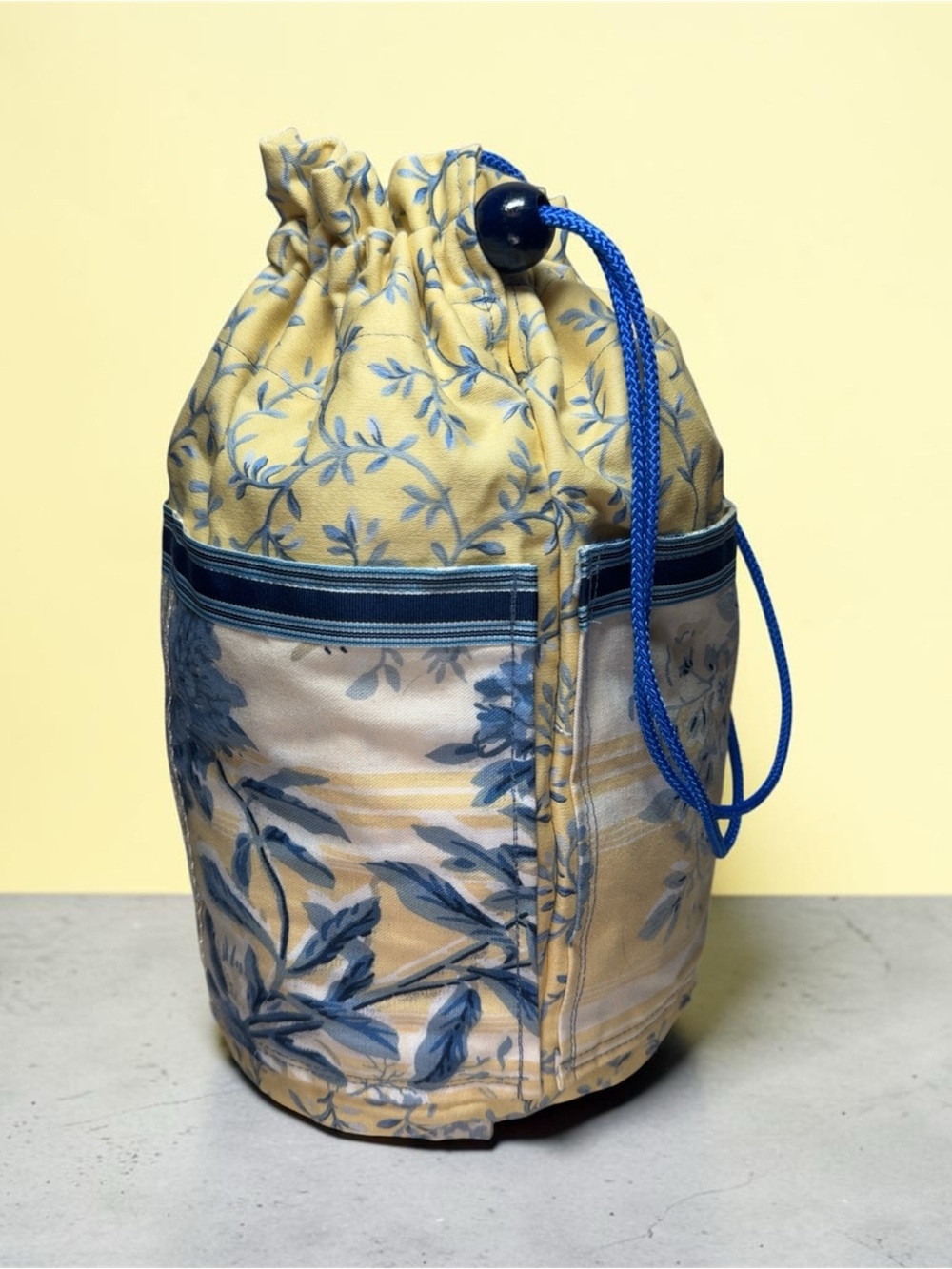 Yellow & Blue Floral Drawstring Pouch Bag